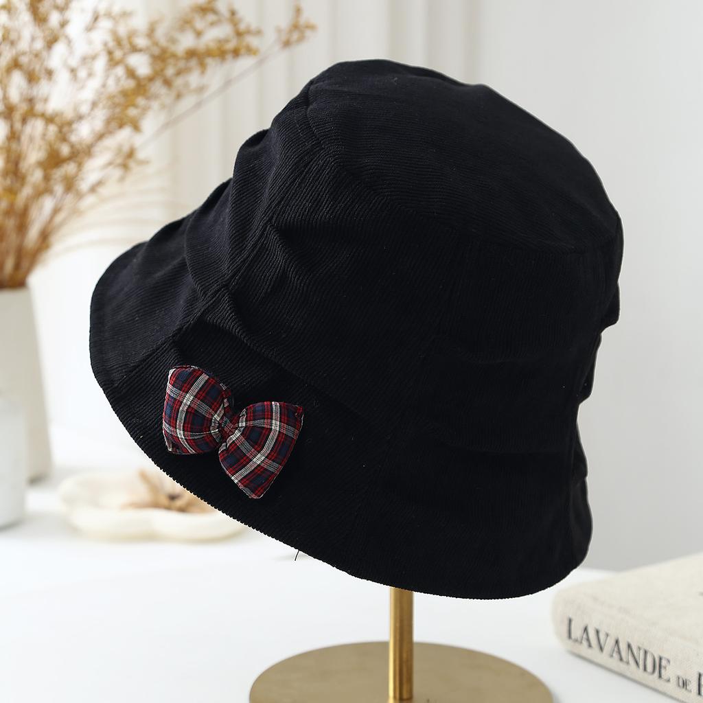Age reducing plaid bow bucket hat women autumn and winter warm versatile front long rear short brim basin hat