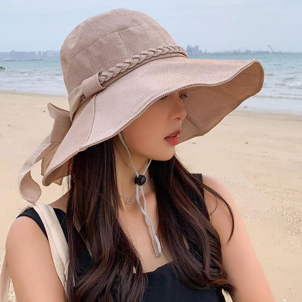 with Bowknot Bucket Hat Wide Brimmed Sunscreen Visor Cap Basin Hat Fishman Hat  Vacation