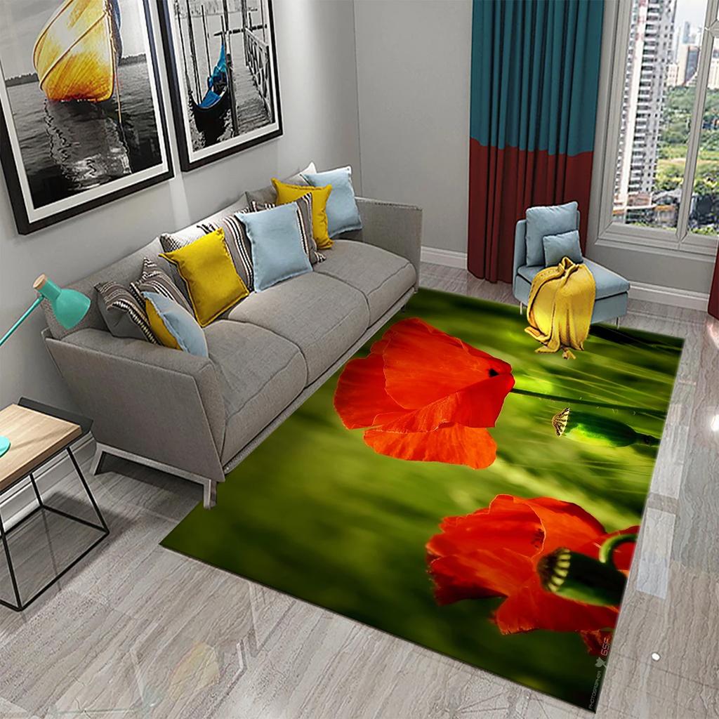 3D Rote Mohnblumen Teppich Romantisches Blumenmeer Teppiche Fußmatte für Badezimmer Küche Eingangsteppiche Schlafzimmer Wohnzimmer Dekor Bereichsteppich