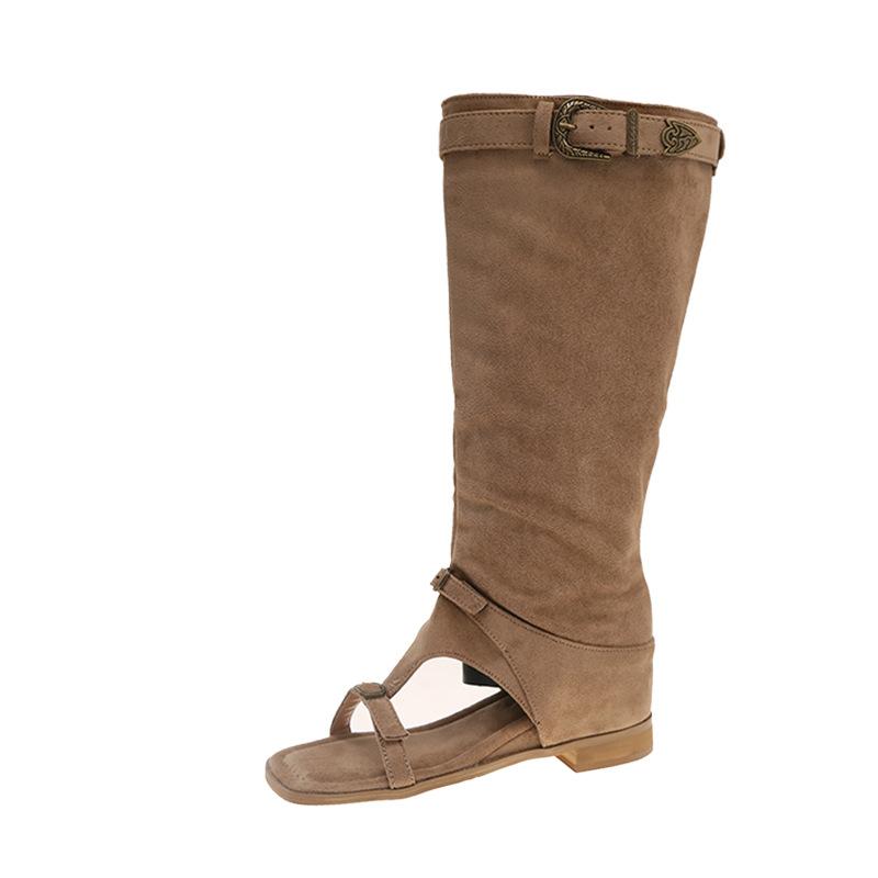 Spot square head open-toed elastic fleece cool boots 25 years summer new belt buckle splicing sleeve low heel high boots women