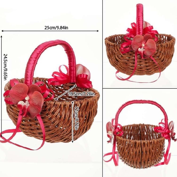 Fashionable Small Wicker Flower Girl Baskets with Pearls Detailing and Ribbon for Wedding Decoration and Candy Storage