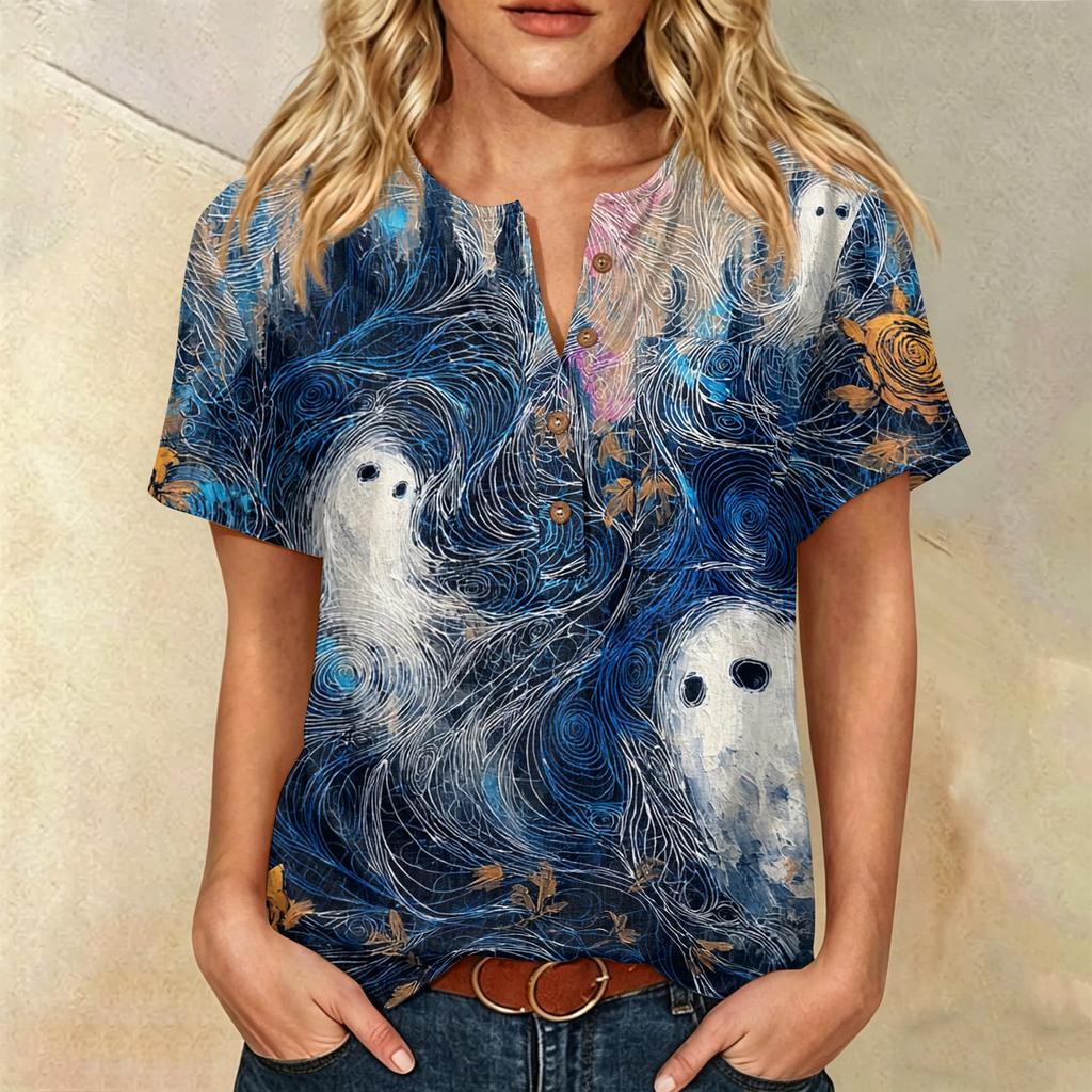 Women's Casual Short Sleeve Linen Cotton Blend Henley Shirt with Chest Pocket Halloween Themed Graphic Print