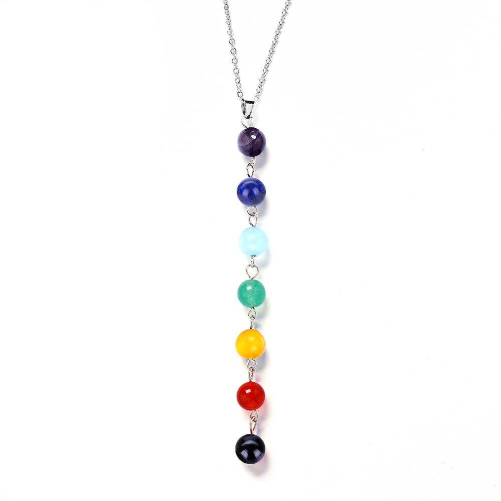 DIEZI Vintage Fashion Silver Plated Bead 7 Chakra Healing Balance Necklace Party Ethnic Pendant Necklace for Women Jewelry