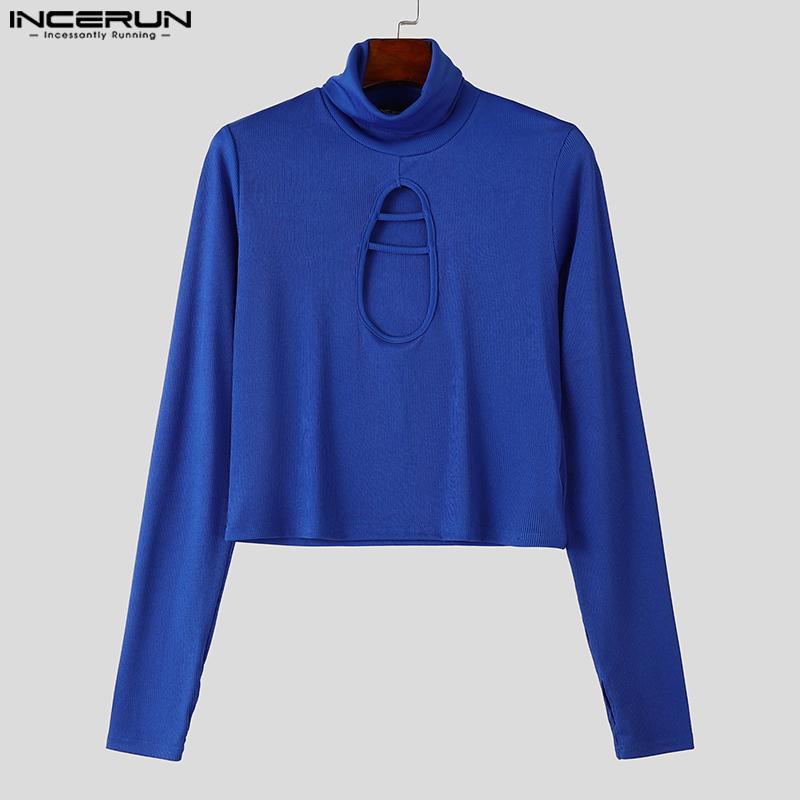 INCERUN Men High Neck Long Sleeve Fitted Tops Casual Slim Cutout Undershirts