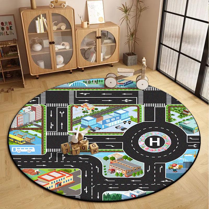 Children's Round Living Room Carpet Short Velvet Fluffy Soft Bedroom Decoration Rug Cartoon Traffic Road Play Floor Mat Antiskid