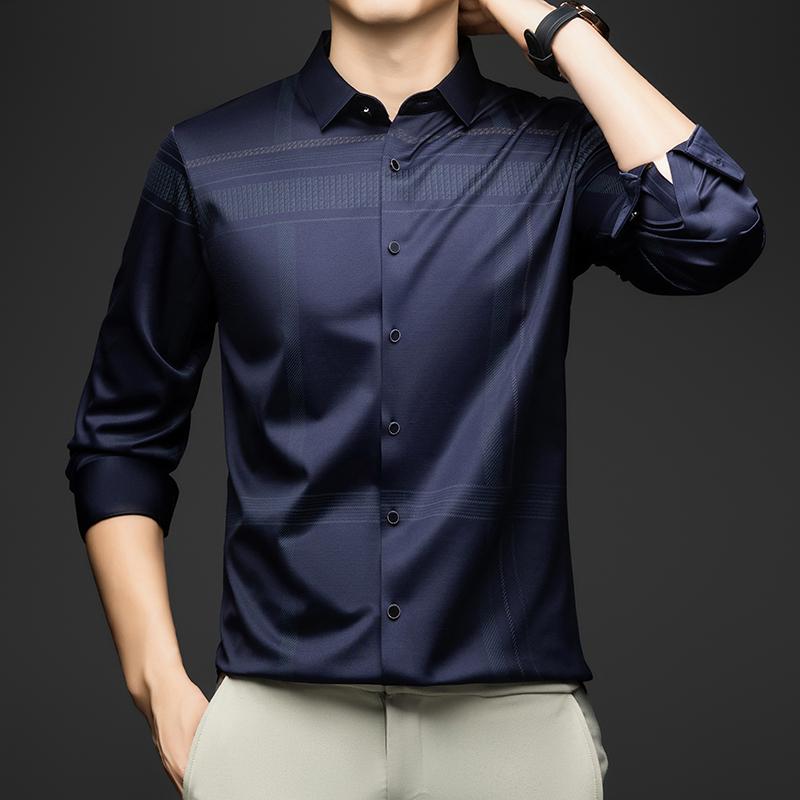 Long Sleeve Man Shirt Solid Color Business Slim Work Shirt Man 2026 Autumn New Casual Striped Print Shirt Men's Wear