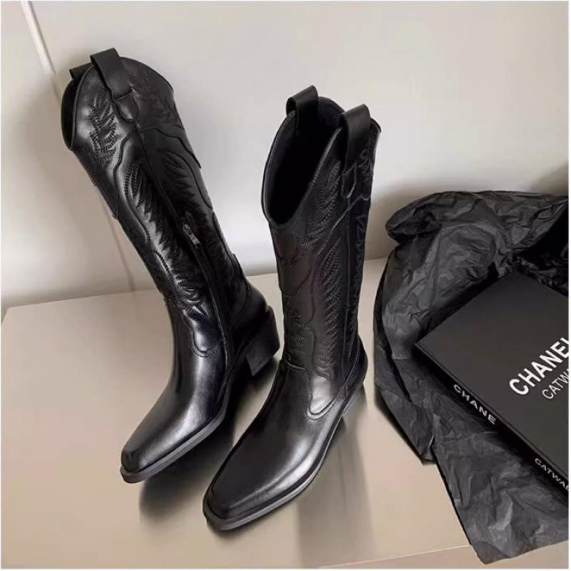 

Western super high heel cowboy boots female knight boots pointed new brown retro thick heel boots boots boots 35 чорний