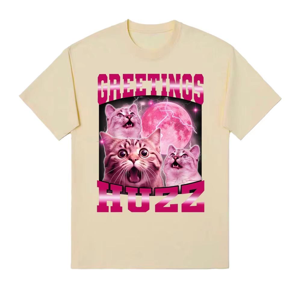 Greetings Huzz Funny Cat Gen Z Gen Alpha Slang Short Sleeve Tshirts Unisex Fashion Retro Casual Comfortable and Soft Clothing