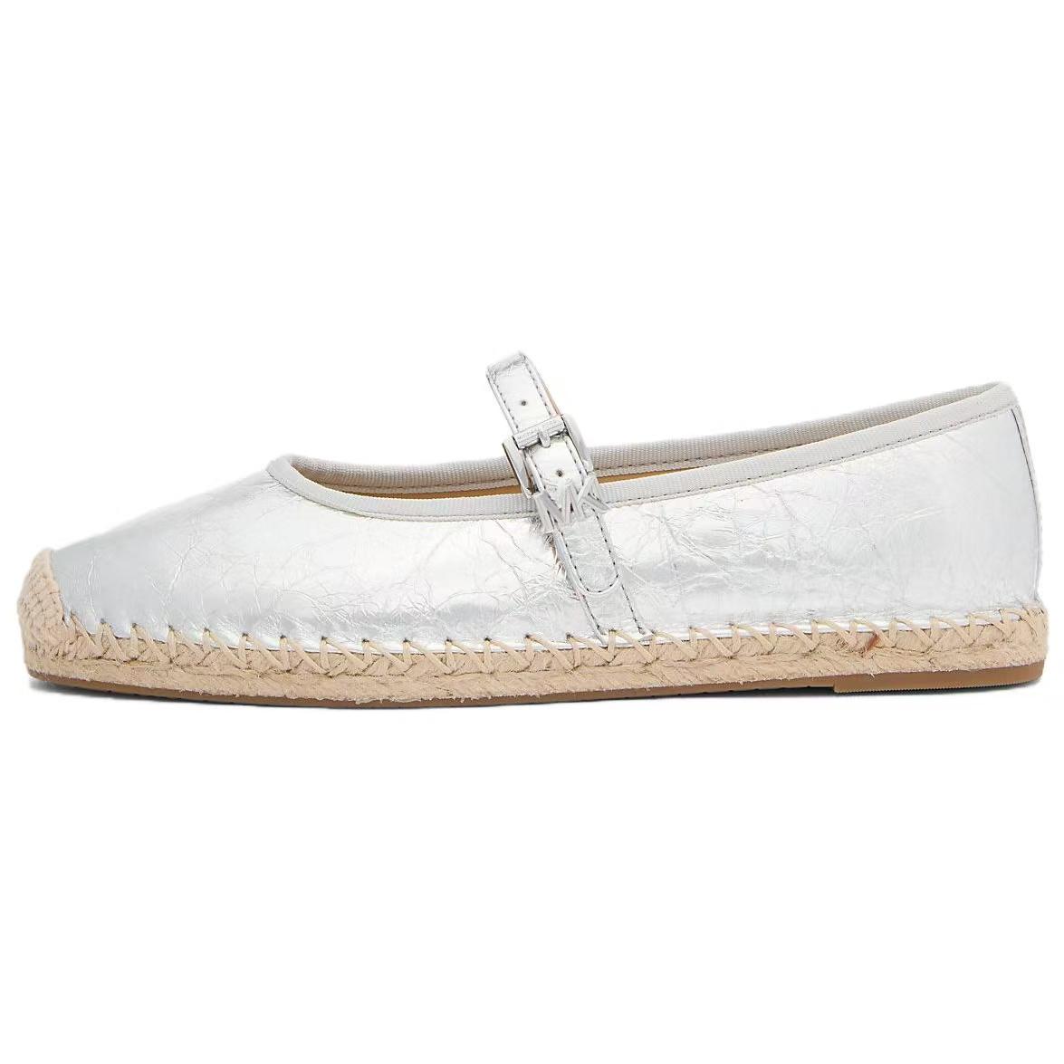 Michael Kors Lynn Leather Round Toe Buckle Espadrille Ballet Flats Fisherman Shoes Women flats Silver 40S5LYFP2M0040 38