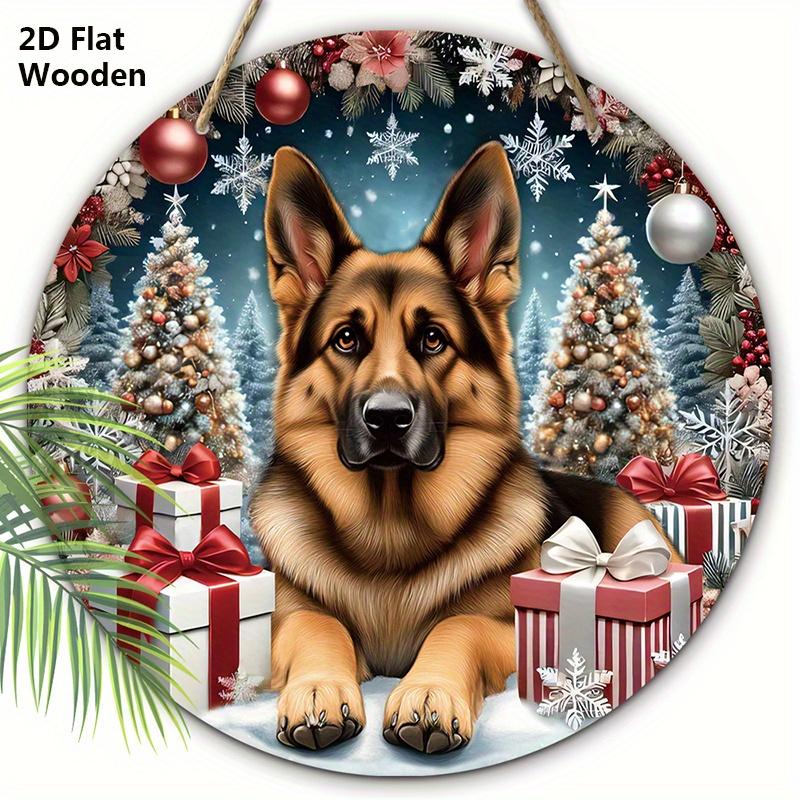 Christmas Wooden Sign with German Shepherd Pattern - Navidad Round Sign for Front Door, Wall Hanging Decor - Ideal Christmas Decoration