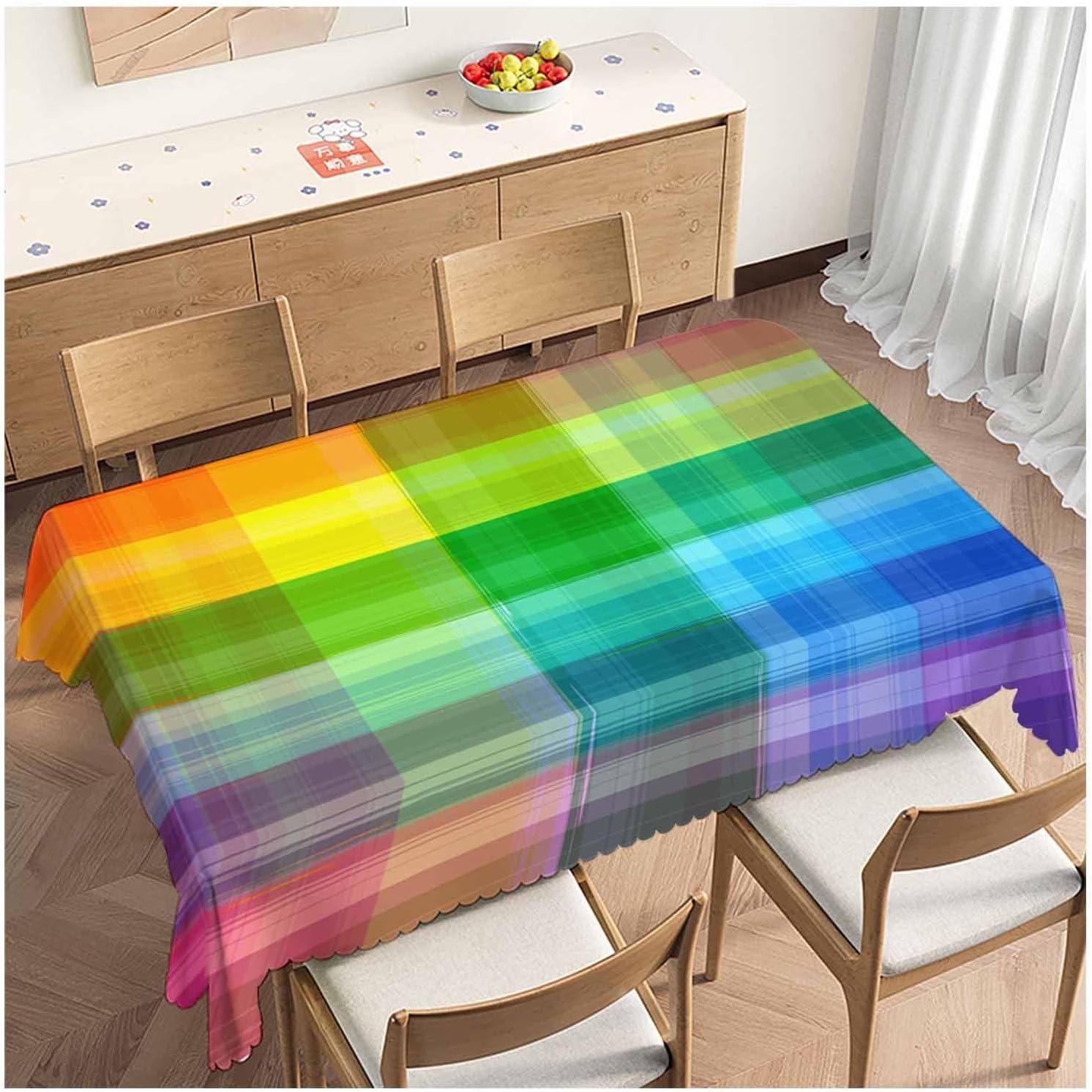 Jingyue Pet Unisex Rainbow Plaid Rectangle Waterproof Tablecloth Tabletop Decor Reusable Farmhouse Kitchen Dining Tablecloth Holiday Party Decor