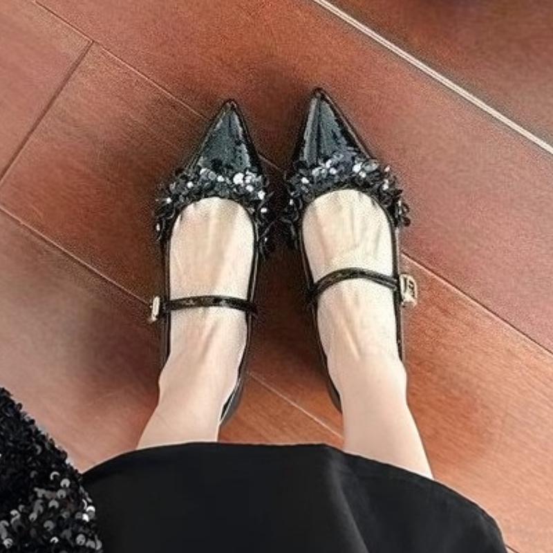 Mode Blume Kristall Damen Schuhe mit Absatz Luxus Mittelhohe Absätze Spitzzehen Schnallensandalen 2025 Sommer Designer Pumps Flache Zapatos Mujer