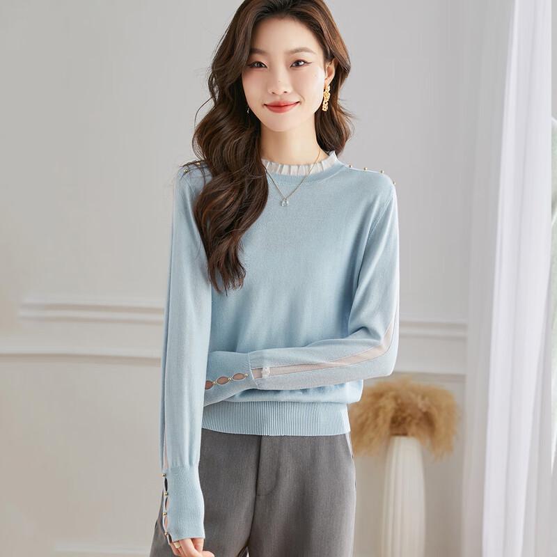 

Srcr Women s Wool Blend Short Knit Sweater with Beaded Lace Trim M