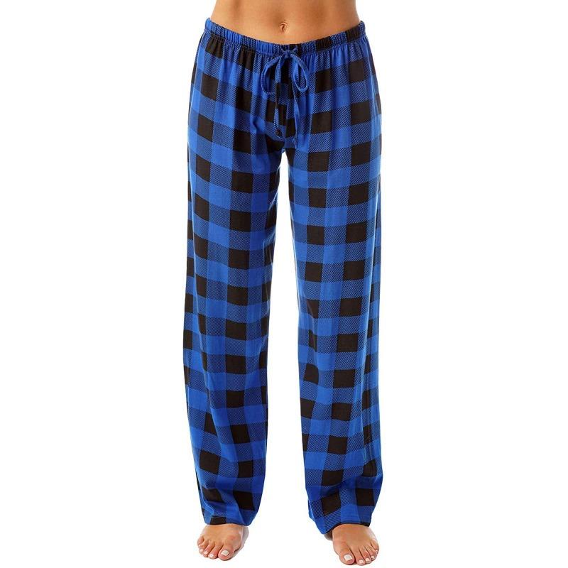 Casual Pants, Elastic Checkered Sleepwear, Loose Drawstring Wide Leg Pants