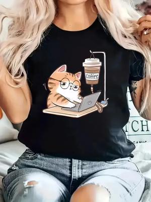 Working On Laptop Print Fabric Slight Stretch All Season Fashion Women'S Casual Crew Neck T-Shirt with Cartoon Cat Streetwear