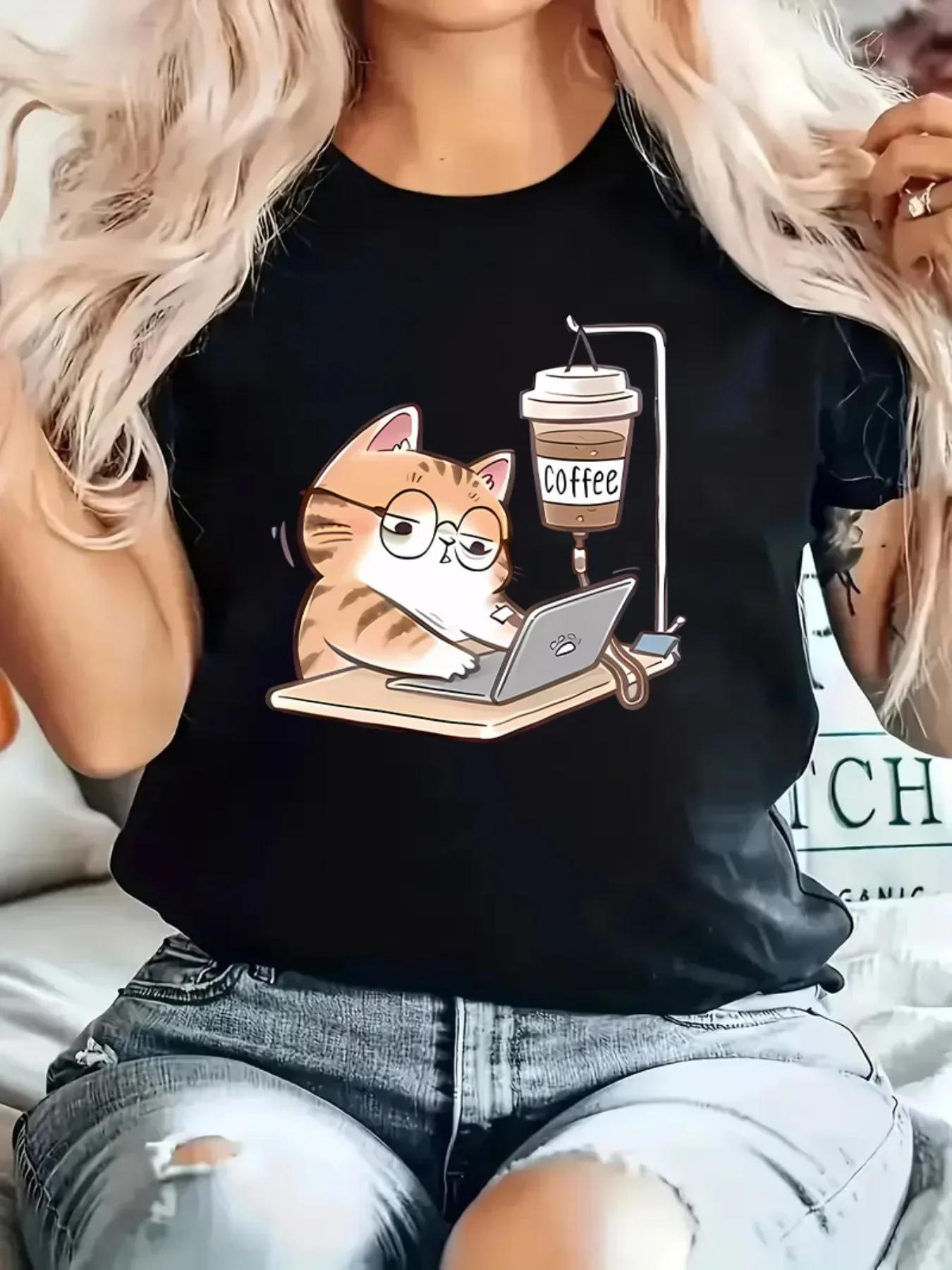 

Working on Laptop Print Fabric Slight Stretch All Season Fashion Women S Casual Crew Neck T-Shirt with Cartoon Cat Streetwear S