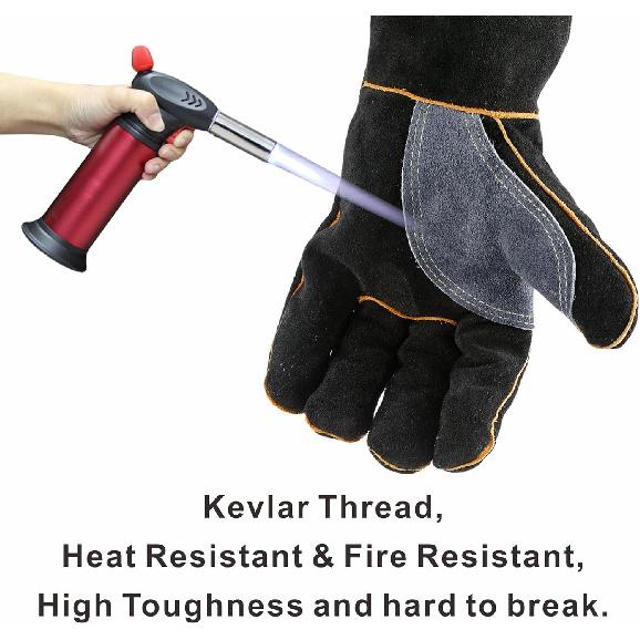 Extreme Heat & Fire Resistant Gloves Leather with Kevlar Stitching,Mitts Perfect for Fireplace, Stove, Oven, Grill, Welding, BBQ, Mig, Pot Holder,