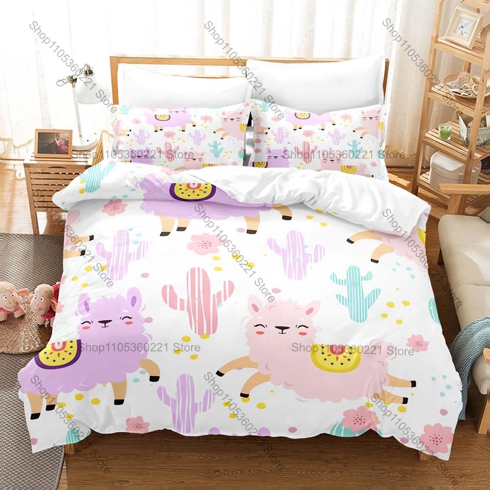 Ensemble de literie trois pièces dessin animé alpaga Personnalité Ensemble couette de luxe Taille Queen King Comprenant une taie d'oreiller animale fraîche EU Single(135x200cm)
