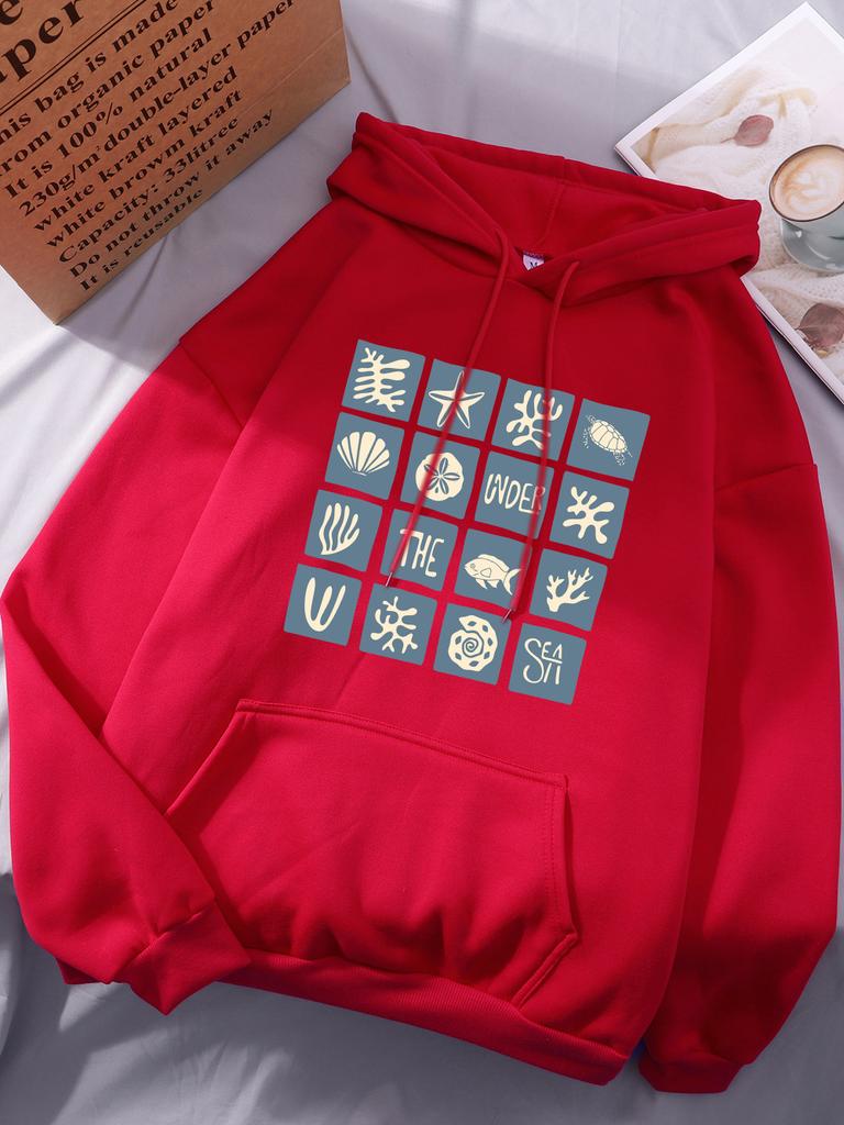 Under The Sea Printing Hoodie Womens Comfortable Loose Pullovers Basics Sporty Sweatshirts Winter Fleece Warm Woman Sportswear
