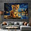 2D Whimsical Tiger Cub by Water Backdrop with Starry Night Lights