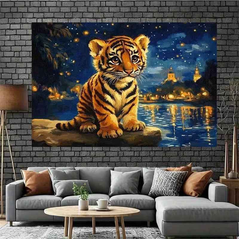 2D Whimsical Tiger Cub by Water Backdrop with Starry Night Lights