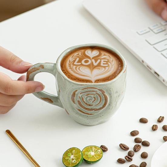 Ceramic Coffee Cup Handmade Rose Bamboo Leaf Embossed Pattern Mug 290ml Rustic Textured Mug Microwave Oven Safe Stackable Gift for Coffee Lovers