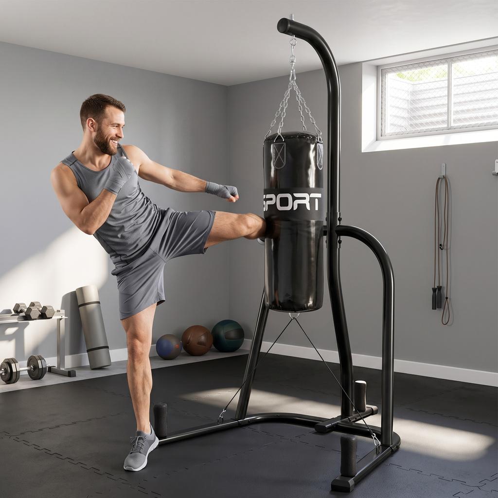 Punching Bag Stand Freestanding Punching Bag Holder with Punching Bag Bungee Cord 360 degrees Chain U-Base Weight Plate Holder Steel