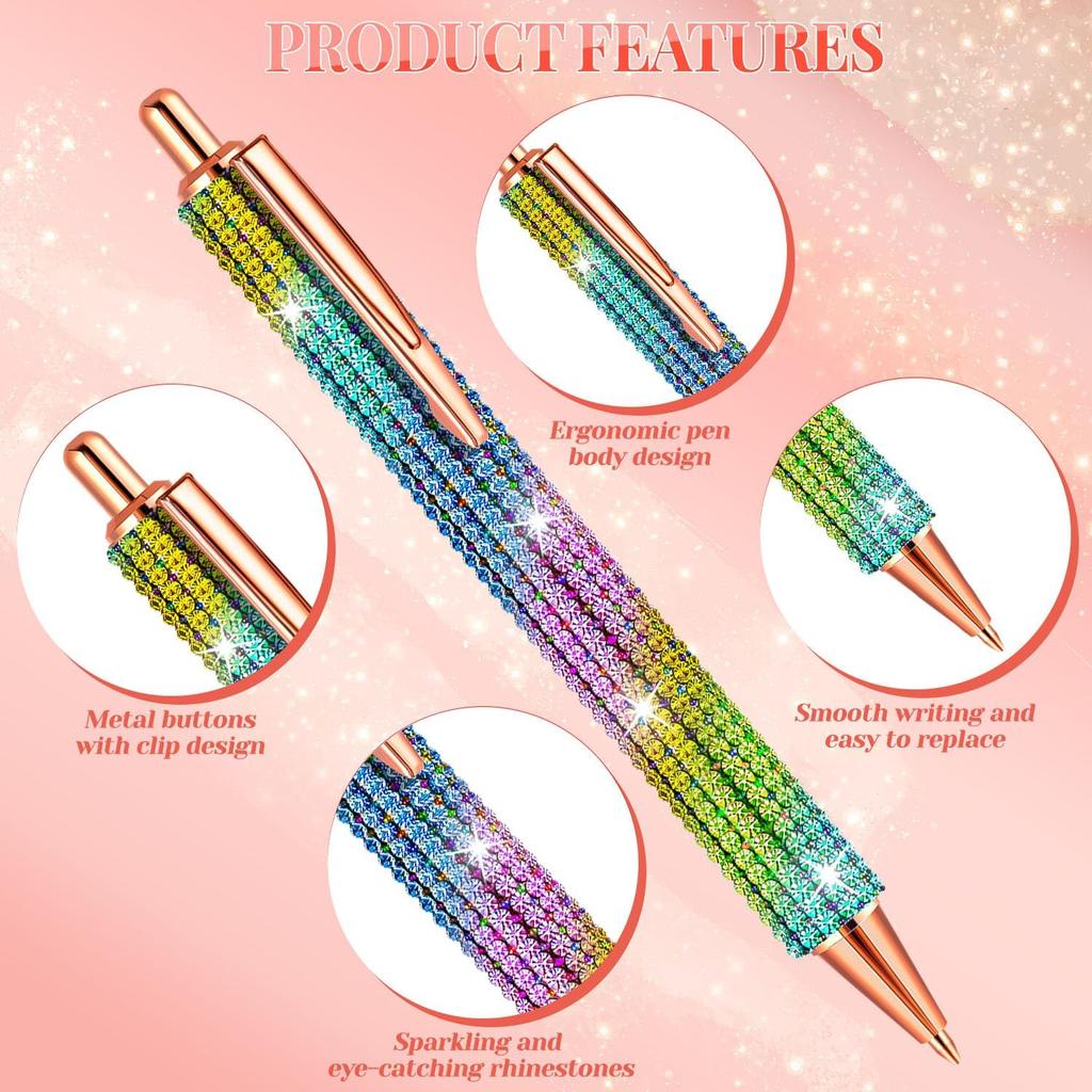 Bling Pens for Women, 4Pcs Colorful Rhinestone Pen and 8Pcs Black Ink Retractable Refills for Girl (0.7mm)