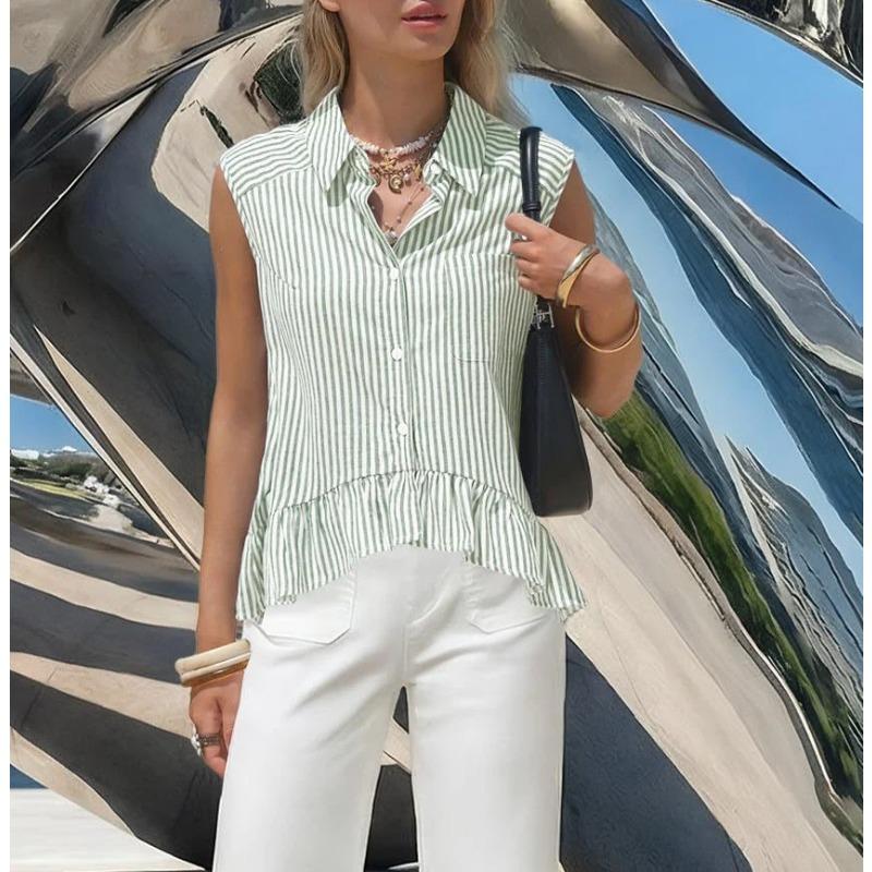Camicia da Donna a Righe Senza Maniche con Bottoni, Orlo Arricciato e Taschino sul Petto, Top Estivo Casual Multicolore
