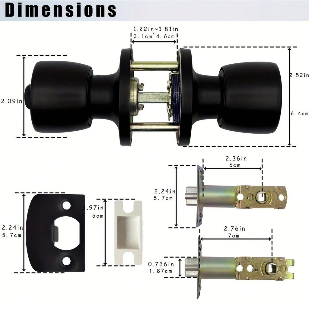 1 Set Matte Black Round Ball Door Knob with Lock and Key - Secure Interior/Exterior Door Hardware for Bedroom, Bathroom, Entry D