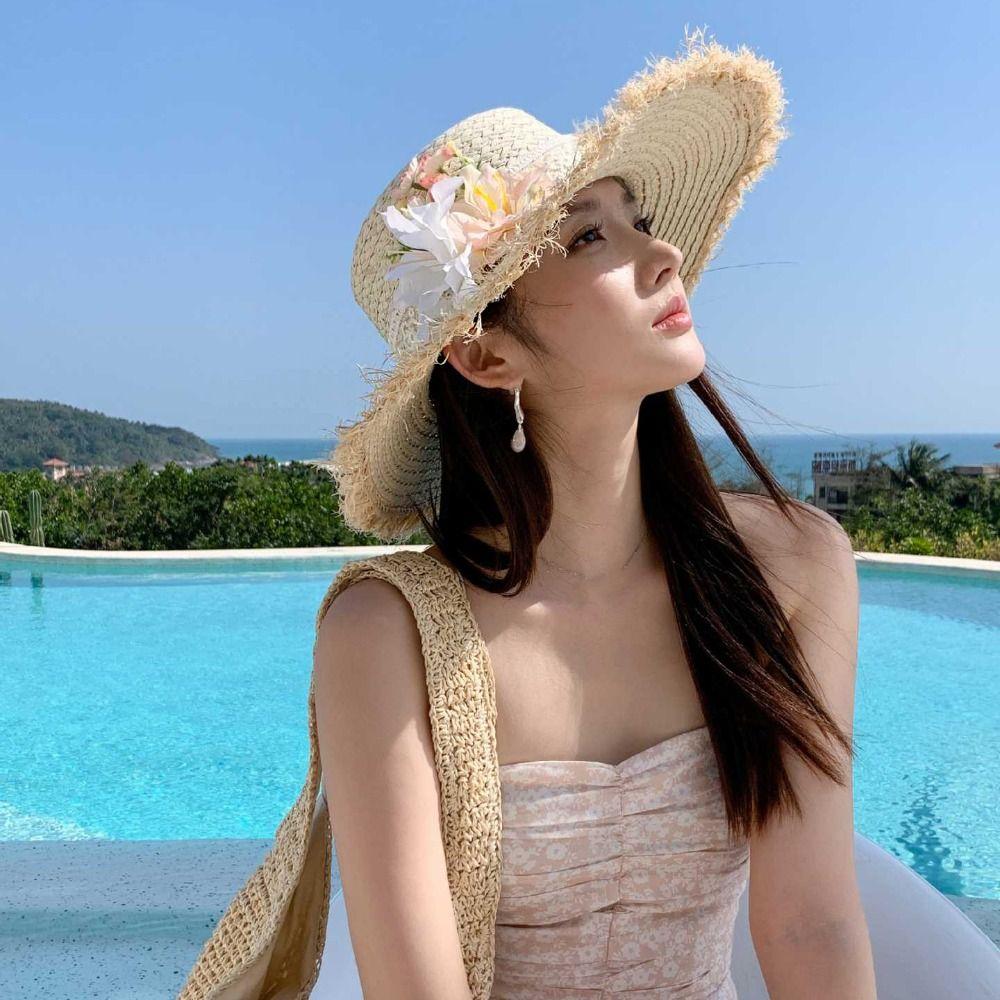 Tassel Edge Weave Flat Cap Wide Brim Women's Sun Hats Casual Lace Flower Straw Hat  Holiday