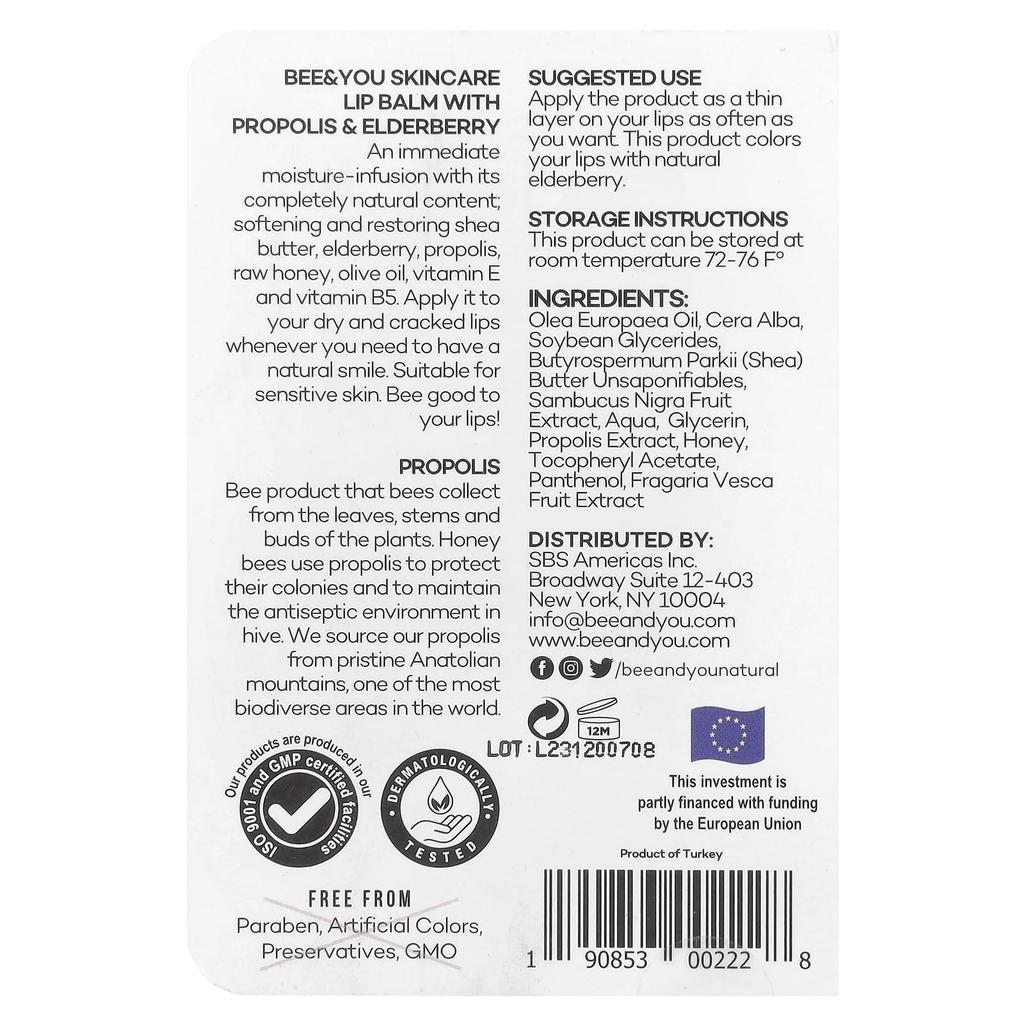 Bee & You, Elderberry Lip Balm, 10Ml(0.34Fl Oz)