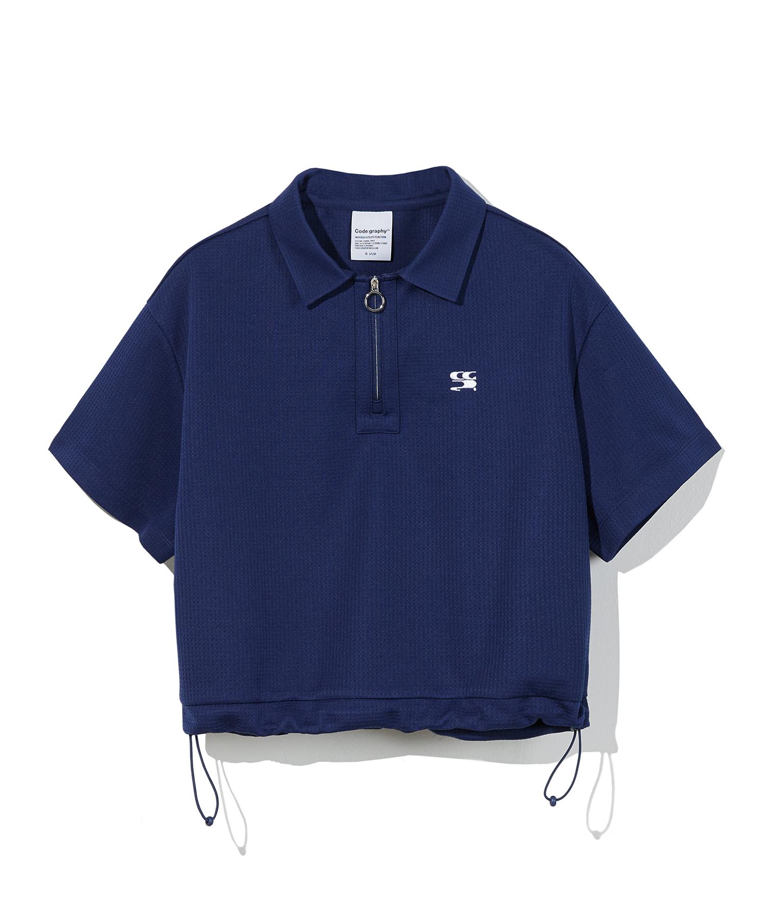 (Women S) Zip-Up Collared Short Sleeve T-Shirt_Navy Navy/M