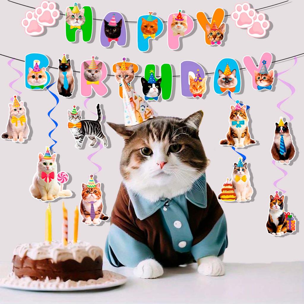 Cat Party Decoration Banner Swirl, 9 Pieces Cat Hanging Swirl Decorations, Cat Birthday Banner Cat Party Hanging Swirl
