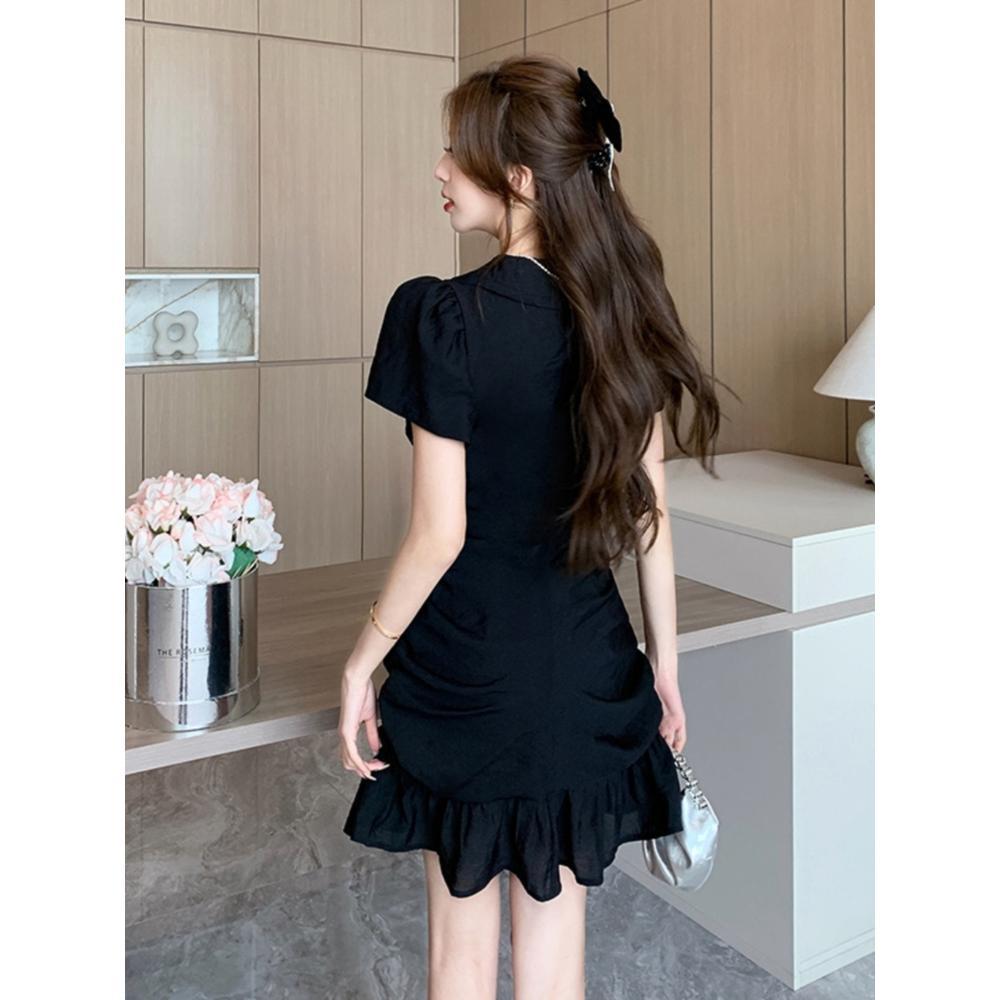 Small Fashion Not Picky Small Black Dress Ruffle Edge Dress Female Slim Slim Slim Short Skirt