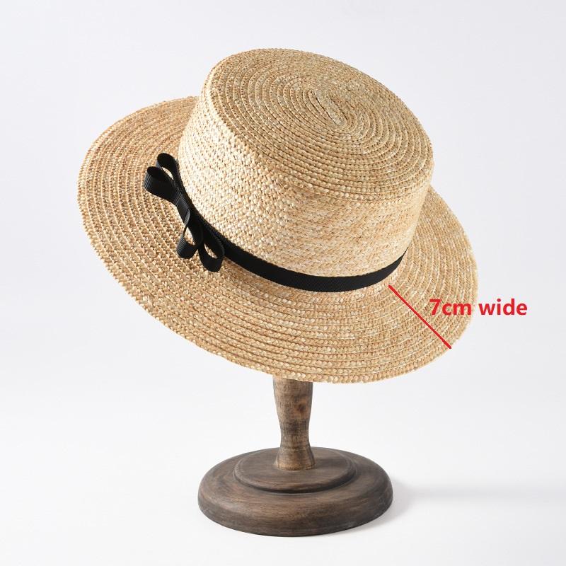 Flat Straw Hat Spring Summer Ladies 5cm 7cm 9cm Wide Brim Boater Hat Vacation Sunshade Beach Fedora Straw Hat with Black Bowknot
