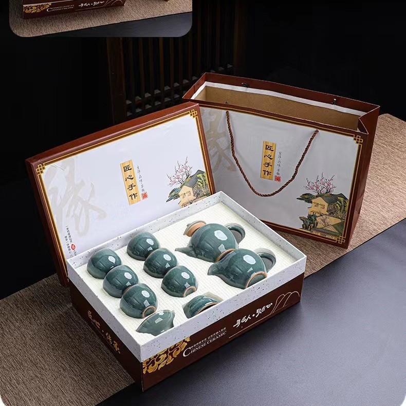 Ge Kiln Tea Set Gift Box Set Ceramic Kung Fu Opening Side Handle Teapot Household Tea Ware Gift Companion Gift Box