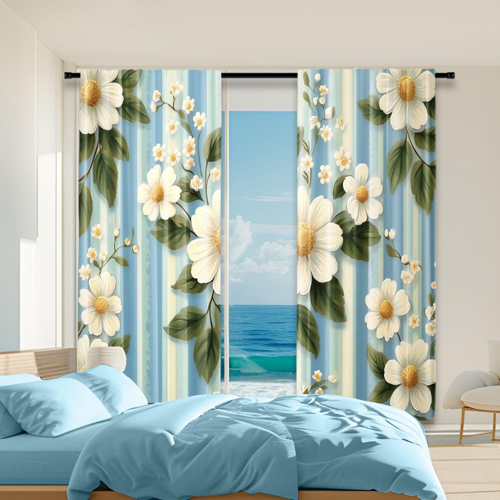 

2 pcs versatile polyester transparent curtains for home decoration Elegant Blue and White Floral Striped for use in bedrooms 100*130 Grommet Top 1pcs