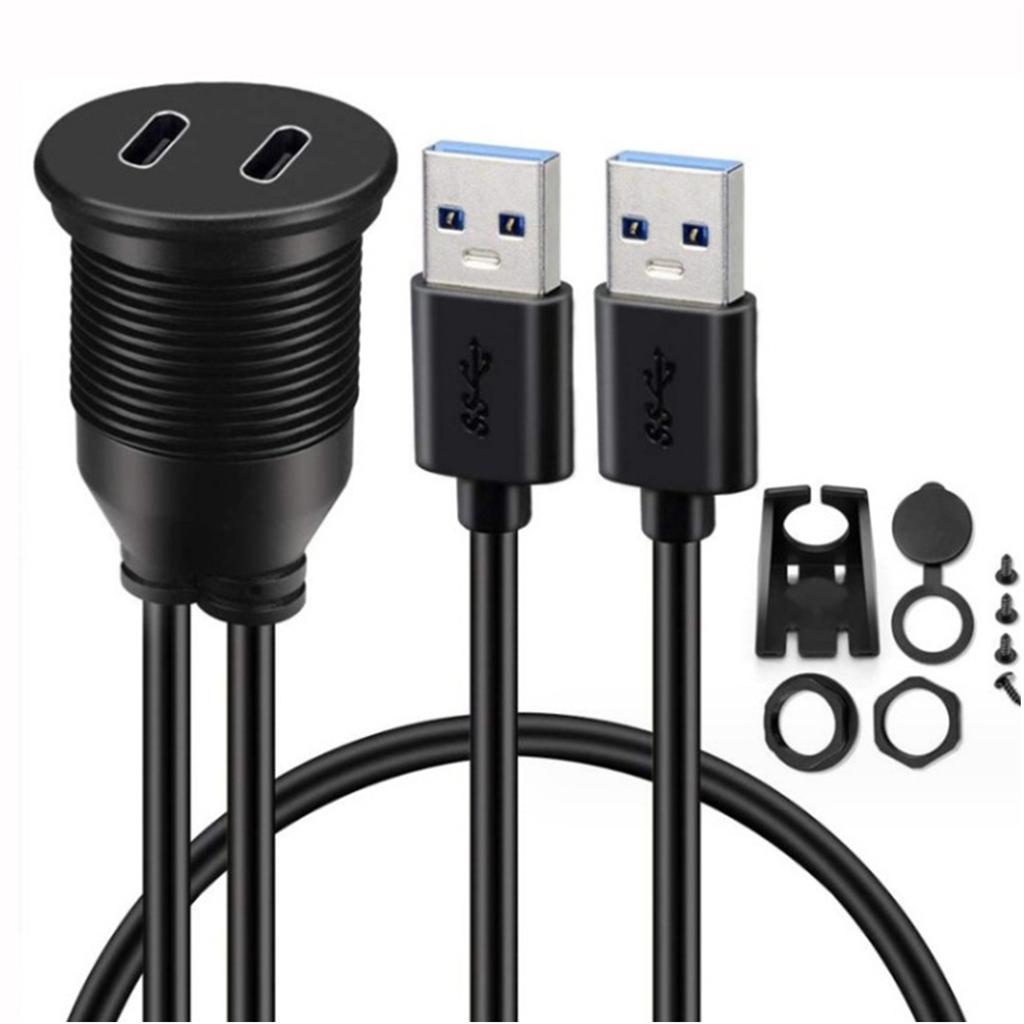 Double USB 3.0 To Double Type C Chargers for Multiple Devices Waterproof Extension Cable Panel Mount for Secure Vehicle Use