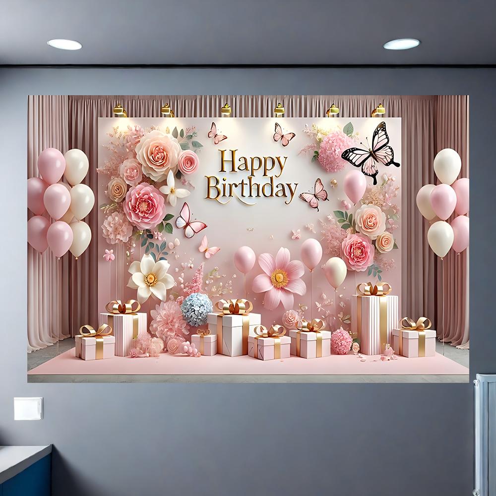 1pc Pink Theme Birthday Party Banner Polyester Material Multi-size Butterfly and Balloon Design Suitable for Birthday Partie