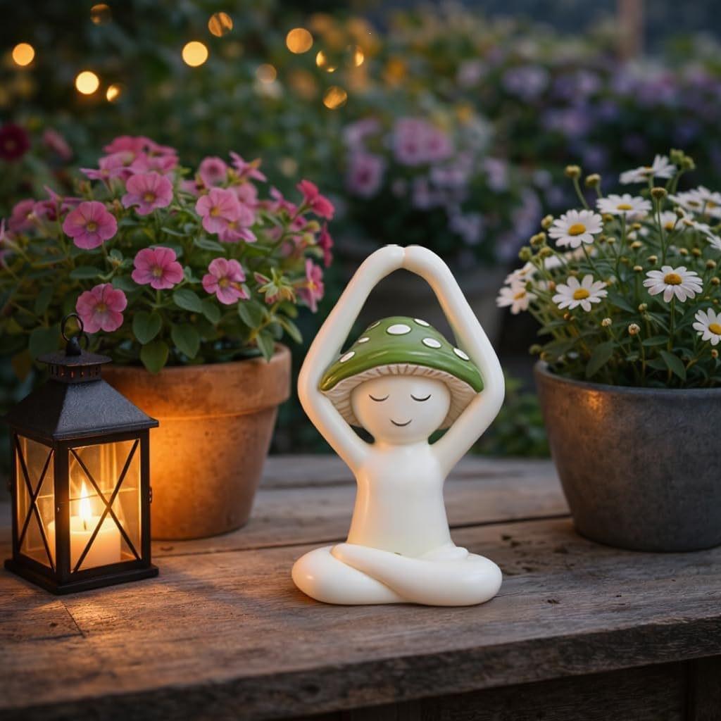 Cute Meditation Sitting Yoga Mushroom Tabletop Decoration for Home and Living Room, Resin Craftwork.