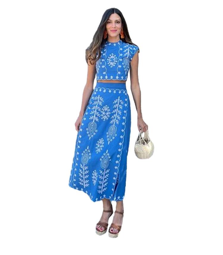 Women 2 Piece Outfit Printed Crop Top And Long Skirt Set Casual Summer Beach Vacation Matching Set S