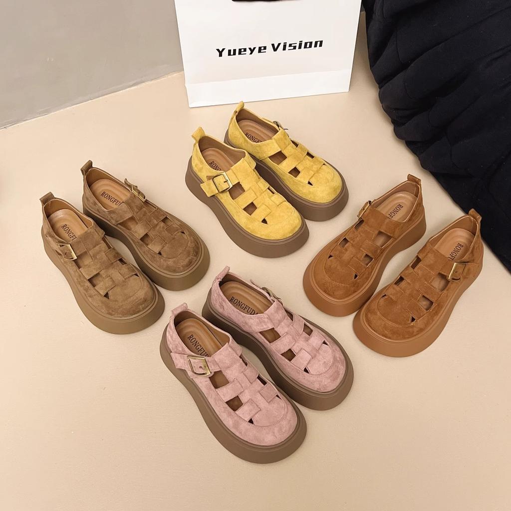 Leather Woven Bag Head Sandals Women's Summer New Platform Shoes One-word Buckle Beach Shoes