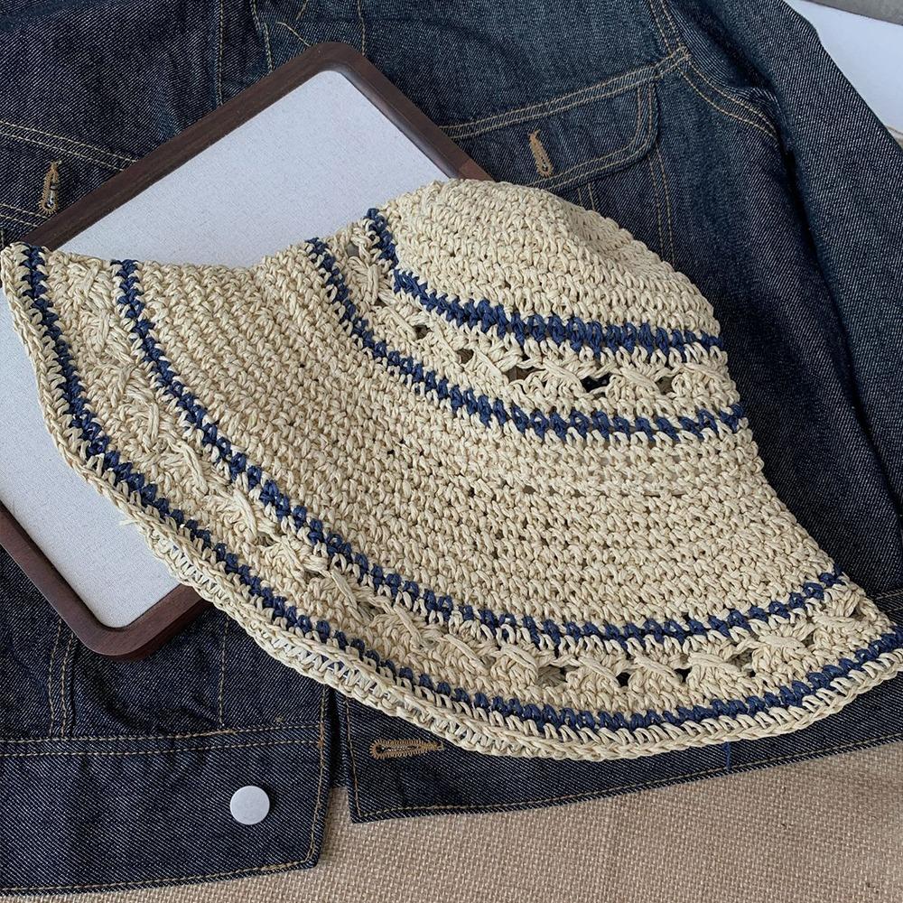 Handmade Weave Crochet Hat Summer Fisherman Caps Ins Straw Bucket Cap  Travel