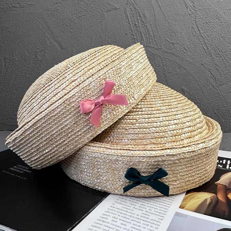 Ins Bow Natural Wheat Straw Hand Woven Berets Women Bohemian Sun Hat Circle Concave Top Straw Hat Church Derby Party Beach Hat