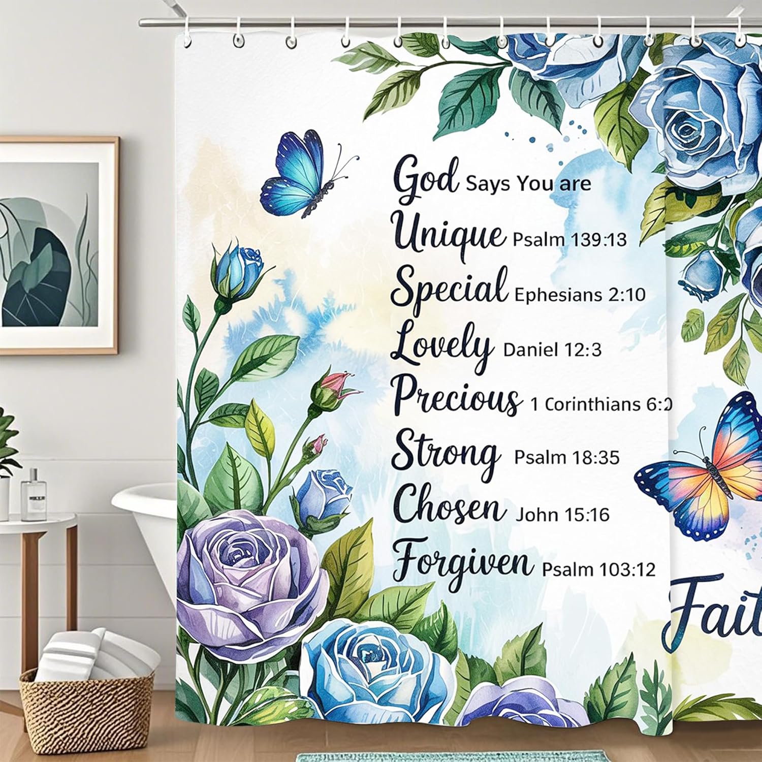 

Bible Verse Inspirational Quote Shower Curtain,Blue Floral Christian Bathroom Shower Curtains Bathtub Home Decor Waterproof Fabr 90x180cm