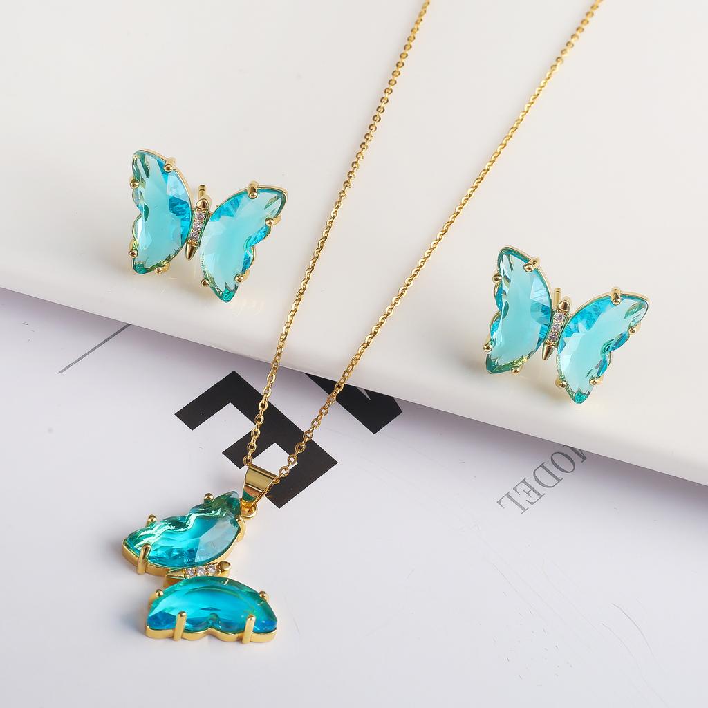 2PC Crystal Transparent Butterfly Pendant Necklace Earrings Jewelry Set Women's Luxury Gold Plated High Quality Gift