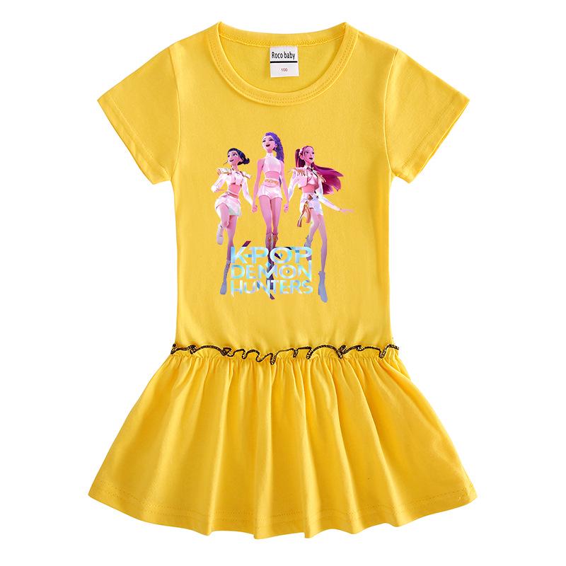 Kpop Monster Hunter Girls' Summer Pleated Dress - Stylish Color Block Ruffle Skirt for Children