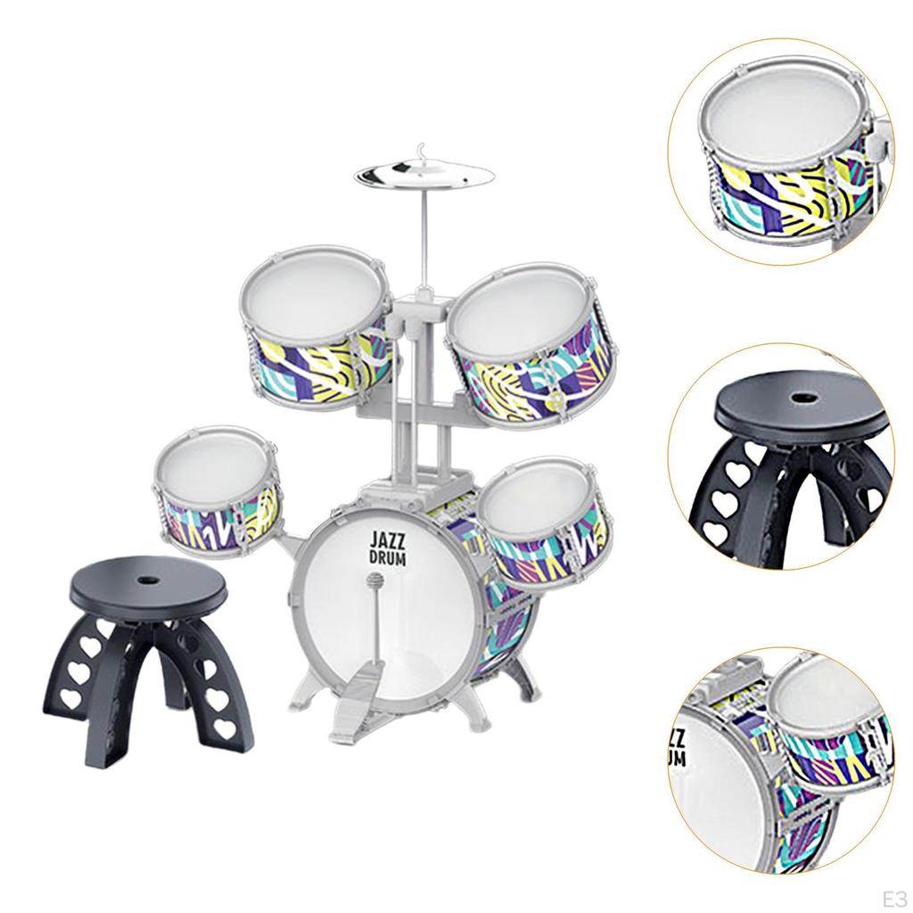 Beginner Kids Drum Set Includes Drumsticks Stool Boys Girls PVC Development Music Toy Educational