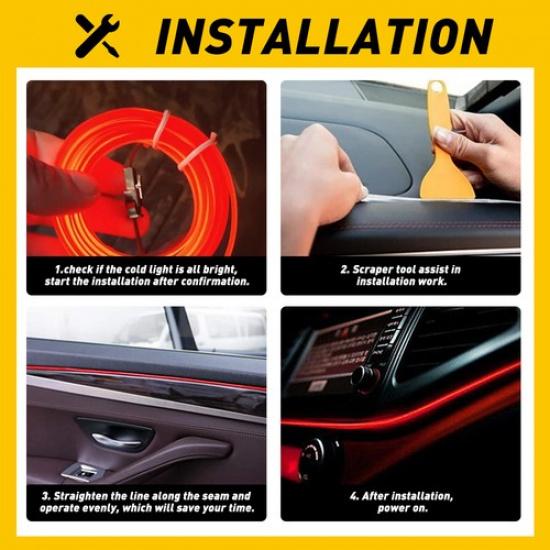 500CM Car LED Interior Atmosphere Decor Wire EL USB Strip Lights Lamp Bulbs Red